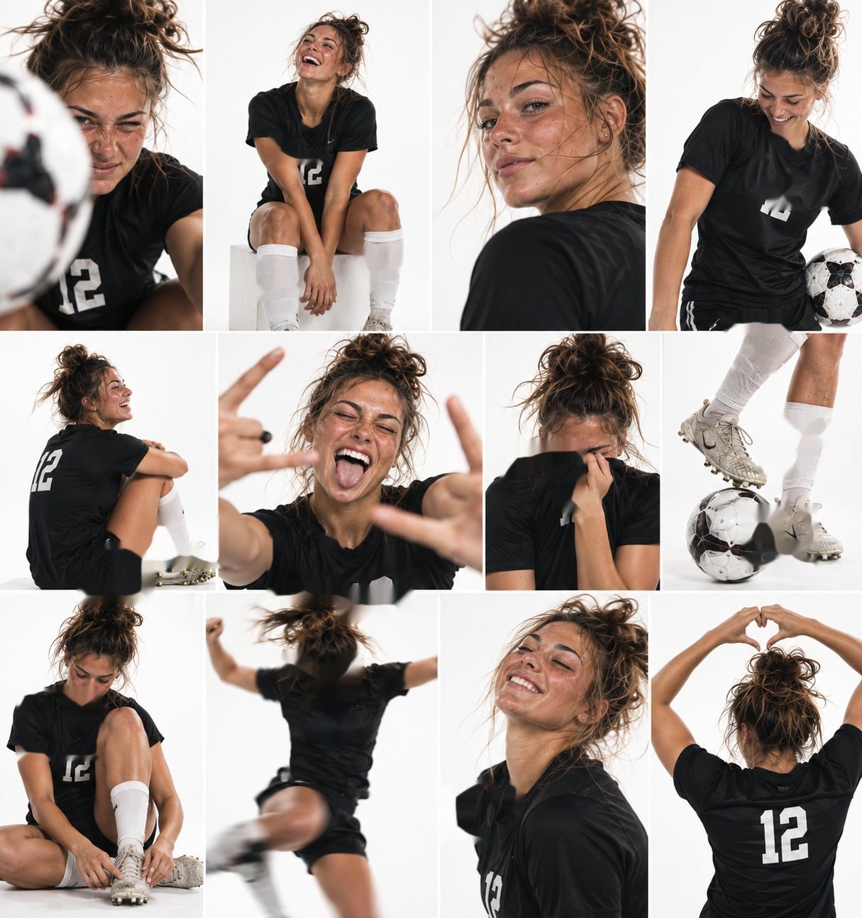 Contact sheet of twelve portraits from one session: laughing, scowling, celebrating, tying a cleat
