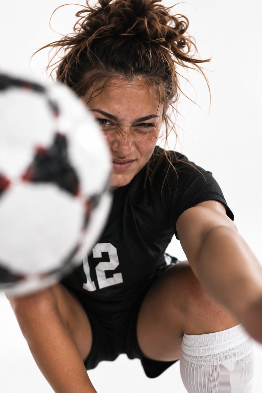Soccer player locked in behind a blurred ball
