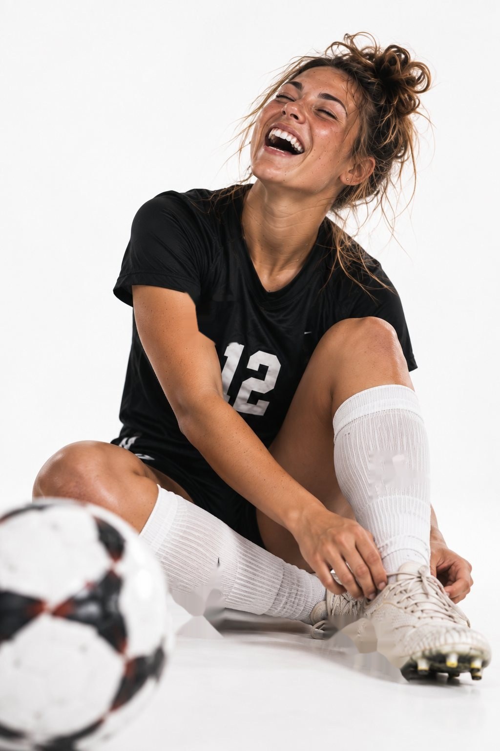 Soccer player sitting on the floor laughing while she ties her cleat