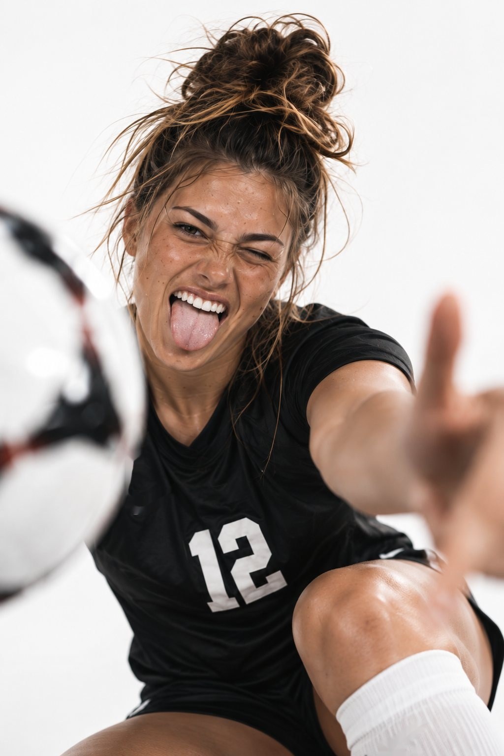 Soccer player sticking her tongue out and throwing a peace sign